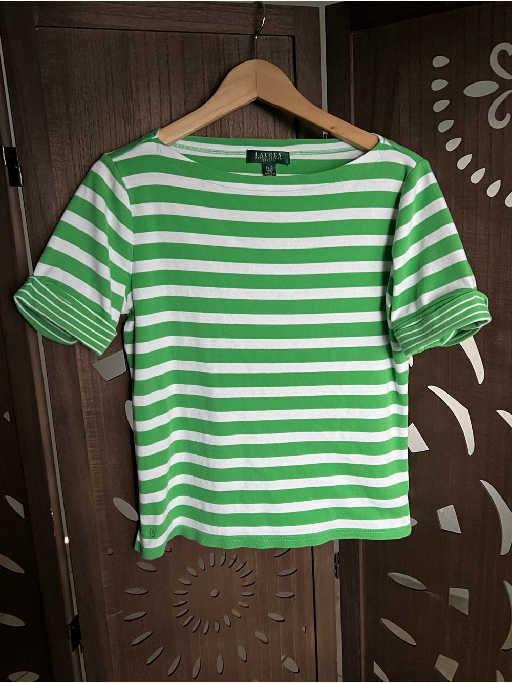 Ralph Lauren Green and White Striped Boatneck Short Sleeve Tee
